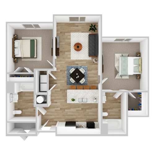 Floor Plan  A top down view of a small apartment with a kitchen, living room, and bedroom.
