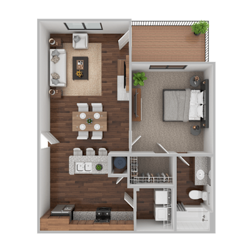 Floor Plan  A top-down view of a small apartment layout with a kitchen, living room, and bedroom.