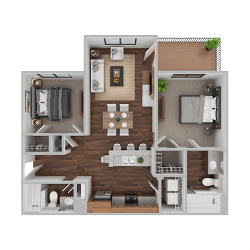 Floor Plan  A 3D floor plan of a house showing a living room, kitchen, dining area, and bedrooms.