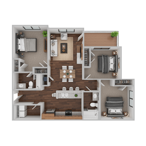 Floor Plan  A detailed 3D floor plan of a two-bedroom apartment.