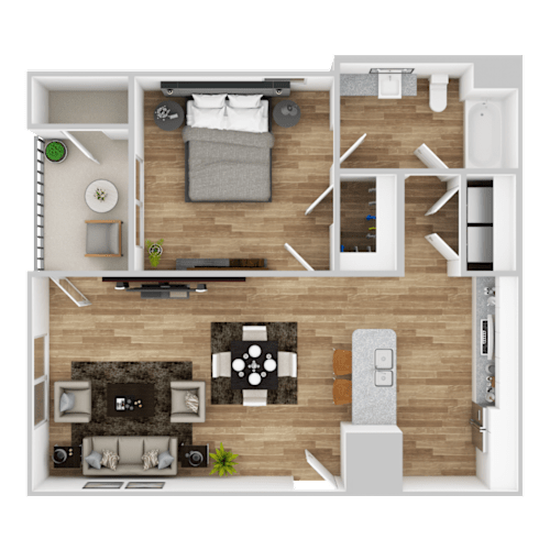 Floor Plan  A top-down view of a modern apartment layout with a living room, kitchen, and bedroom.