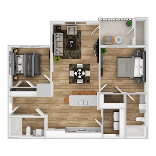 Floor Plan  A top-down view of a house layout with a living room, kitchen, and two bedrooms.