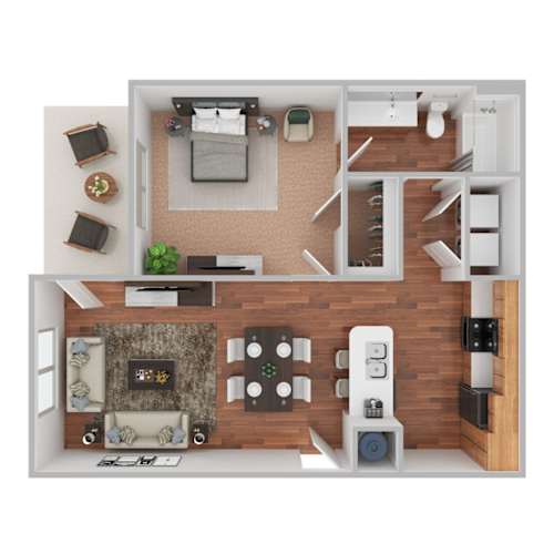 Floor Plan  A top-down view of a modern apartment with a living room, kitchen, and bedroom.