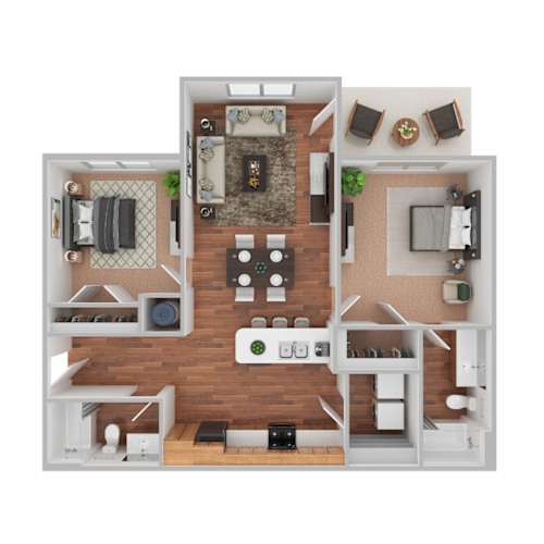 Floor Plan  A top-down view of a house layout with a living room, kitchen, dining area, and bedrooms.
