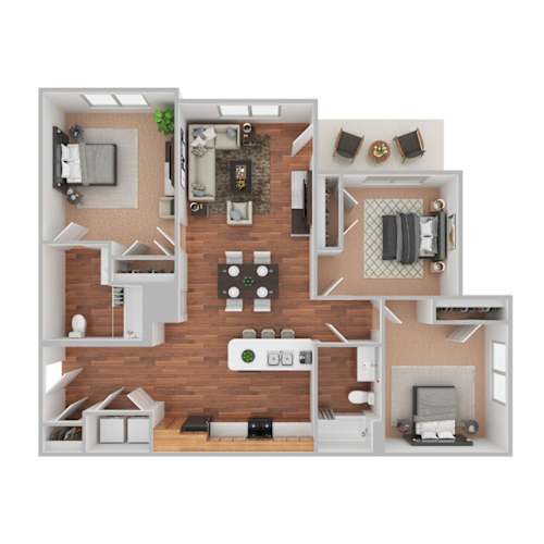 Floor Plan  A top-down view of a house layout with a kitchen, living room, and bedrooms.