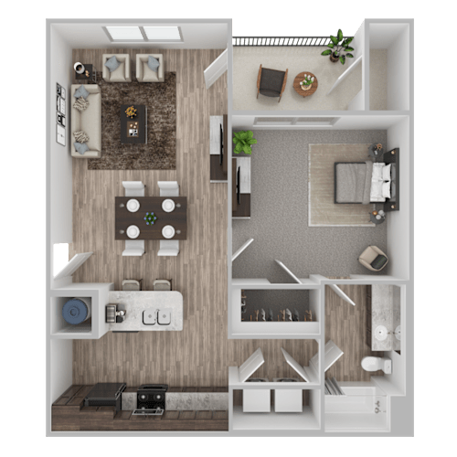 Floor Plan  A 3D floor plan of a small apartment with a kitchen, living room, and bathroom.