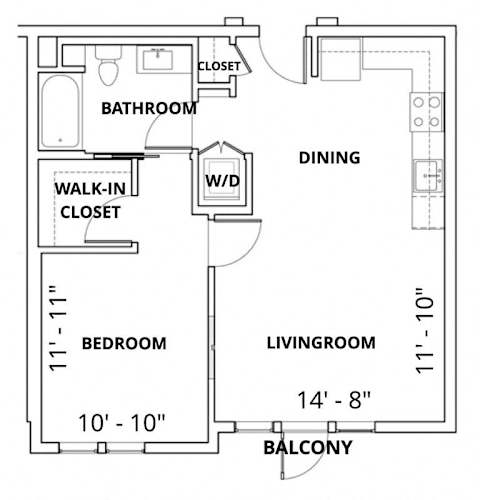 Floor Plan  A floor plan of an apartment with a bedroom, living room, and balcony.
