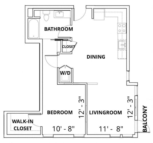 Floor Plan  A floor plan of an apartment with a living room, dining room, bedroom, and bathroom.
