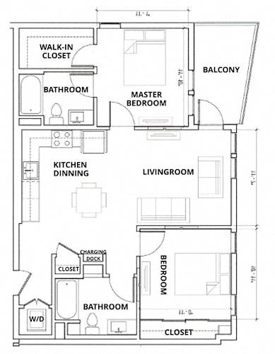 Floor Plan  A floor plan of a 2 bedroom apartment with a living room, kitchen, and 2 bathrooms.