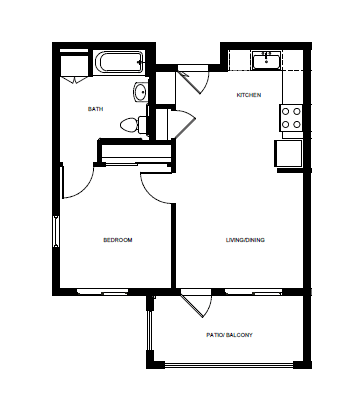 Floor Plan  A black and white floor plan of a house with a living room, kitchen, bathroom, bedroom, and patio/balcony.