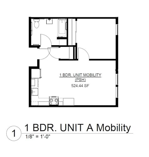 Floor Plan  A floor plan for a 1 bedroom unit with a mobility designation.
