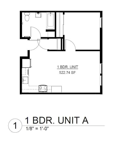 Floor Plan  A floor plan of a 1 bedroom unit.