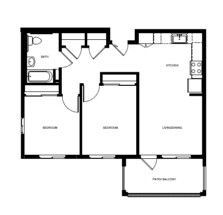 Floor Plan  A black and white floor plan of a house with a kitchen, living room, and two bedrooms.