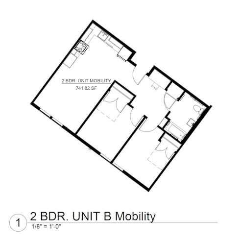Floor Plan  A black and white image of a 2 bedroom, unit mobility floor plan.