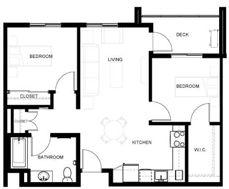 Floor Plan  A black and white image of a house floor plan with a deck, two bedrooms, a living room, a kitchen, a bathroom, and a closet.