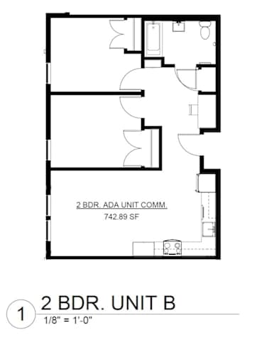 Floor Plan  A floor plan for a 2 bedroom apartment with a unit combination of 742.89 square feet.
