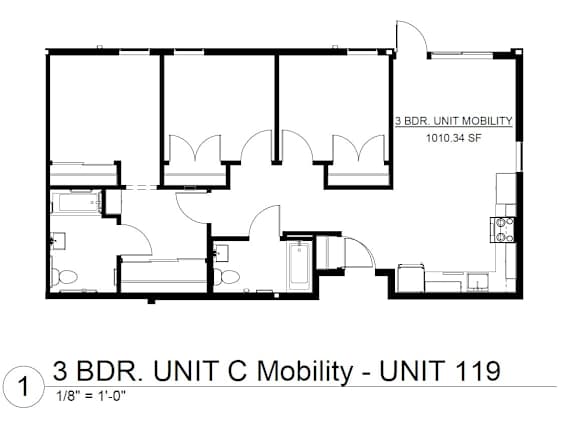 Floor Plan  A drawing of a 3 bedroom, unit mobility apartment.