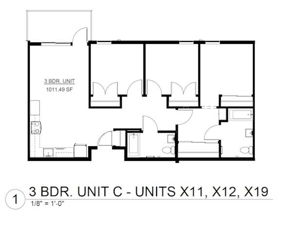 Floor Plan  A floor plan of a 3 bedroom unit with dimensions.