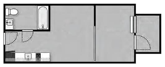 Floor Plan  A floor plan of a room with a kitchen area and a bathroom.