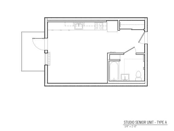 Floor Plan  A floor plan of a studio senior unit type A with a 1/4 = 1'-0" scale.