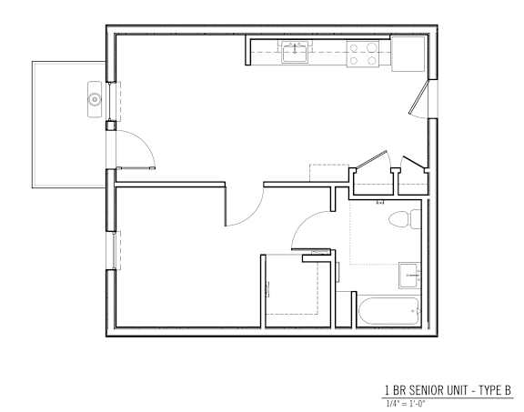 Floor Plan  A floor plan of a 1 bedroom senior unit.