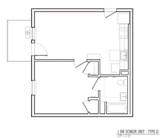 Floor Plan  A floor plan of a 1 BR Senior Unit - Type D with dimensions 1/4" = 1'-0".