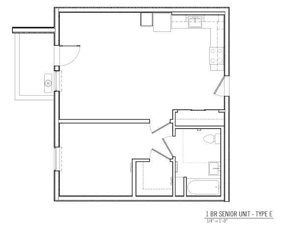 Floor Plan  A floor plan of a 1 bedroom senior unit.