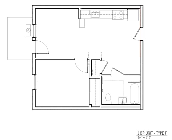 Floor Plan  A floor plan of a 1 bedroom type F apartment.