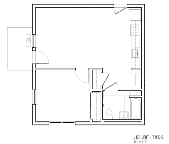 Floor Plan  A floor plan of a 1 BR unit type G with a living room, kitchen, and bathroom.