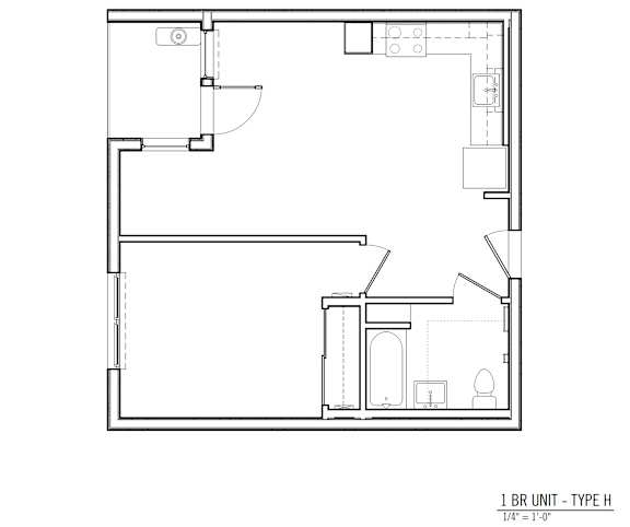 Floor Plan  A floor plan of a 1 BR unit with a Type H label.