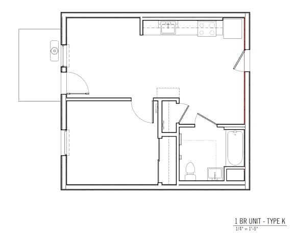 Floor Plan  A floor plan of a 1 BR unit with a type K kitchen.