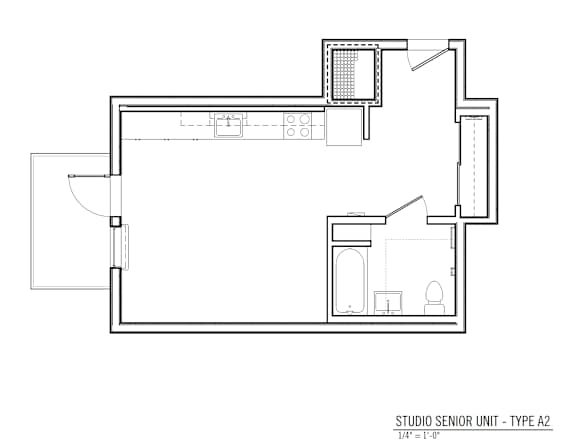 Floor Plan  A floor plan of a studio senior unit type A2 with a 1/4th scale of 1:0.