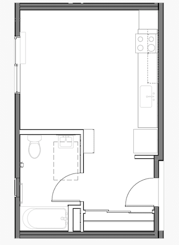 Floor Plan  A black and white floor plan of a house with a kitchen, living room, and bathroom.