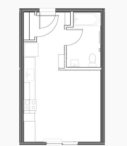 Floor Plan  A floor plan of a room with a kitchen area and a bathroom.