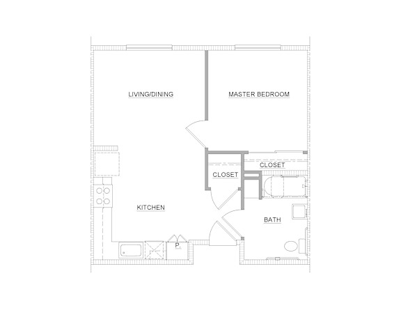 Floor Plan  A floor plan of a small apartment with a kitchen, bathroom, and two bedrooms.