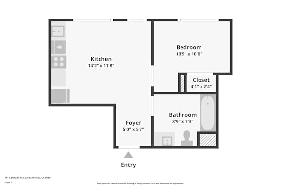 Floor Plan  A floor plan of a one bedroom apartment with a kitchen, bathroom and foyer.