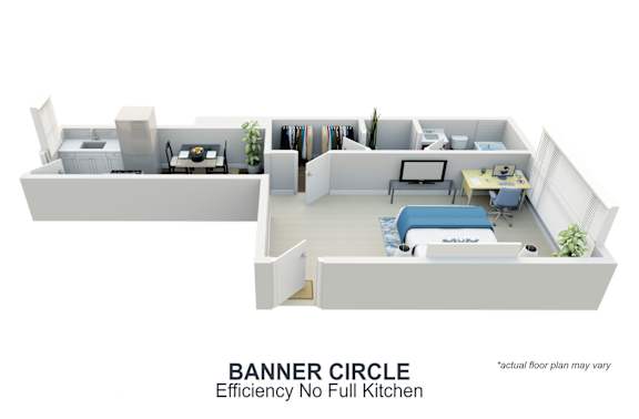 Floor Plan  A floor plan of a small apartment with a kitchen area.