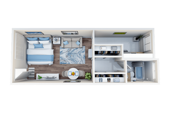 Floor Plan  A top-down view of a modern, well-organized bedroom and bathroom.