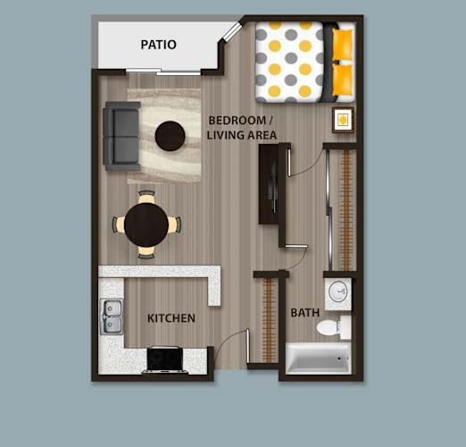 Floor Plan  A floor plan of a small apartment with a patio, bedroom, kitchen, and bathroom.
