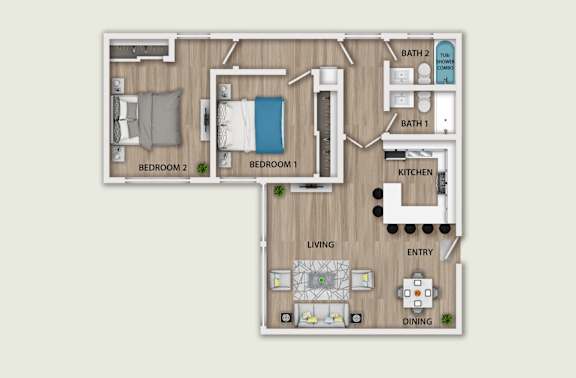 Floor Plan  A floor plan of a small apartment with two bedrooms, a living room, a kitchen, and a dining area.