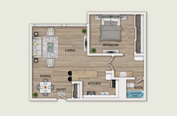 Floor Plan  A floor plan of a small apartment with a living room, bedroom, kitchen, and bathroom.