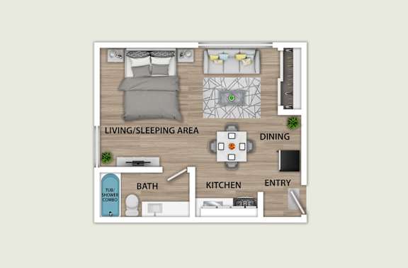 Floor Plan  A diagram of a living area, dining area, kitchen, bathroom, and entry.