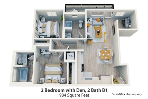 Floor Plan  2 Bed  + Micro Office, 2 Bath B1