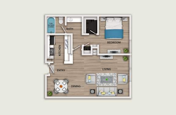 Floor Plan  A floor plan of a small apartment with a bedroom, living room, kitchen, and bathroom.