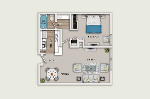 Floor Plan  A floor plan of a small apartment with a bedroom, living room, kitchen, and dining area.