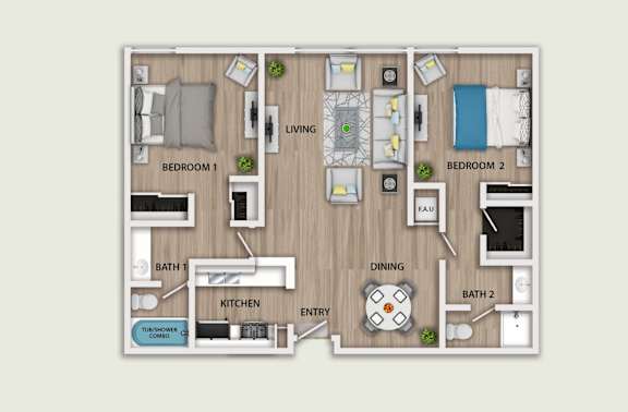 Floor Plan  A floor plan of a two-bedroom apartment with a kitchen, dining area, and bathrooms.