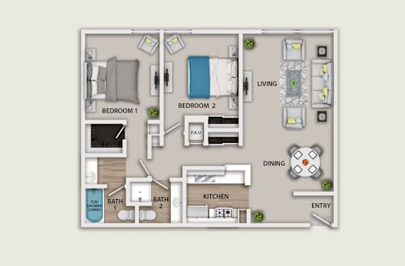 Floor Plan  A floor plan of a house with two bedrooms, a living room, a dining area, a kitchen, and two bathrooms.