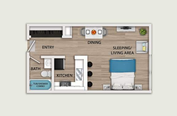 Floor Plan  A floor plan of a small apartment with a sleeping area and a kitchen.