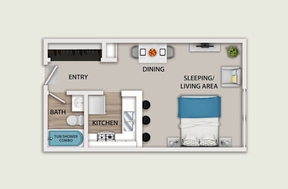 Floor Plan  A diagram of a small apartment layout with a sleeping area, kitchen, and bathroom.