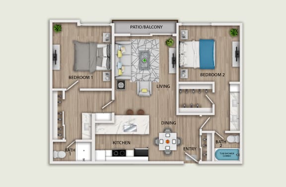 Floor Plan  A floor plan of a two bedroom apartment with a living room, dining room, kitchen, and bathroom.